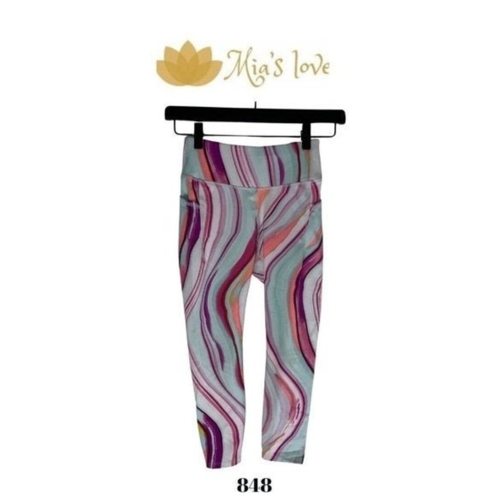 AVIA, Purple Tie Dye Leggings, Size M (7-8), 84% polyester, 12% spandex.